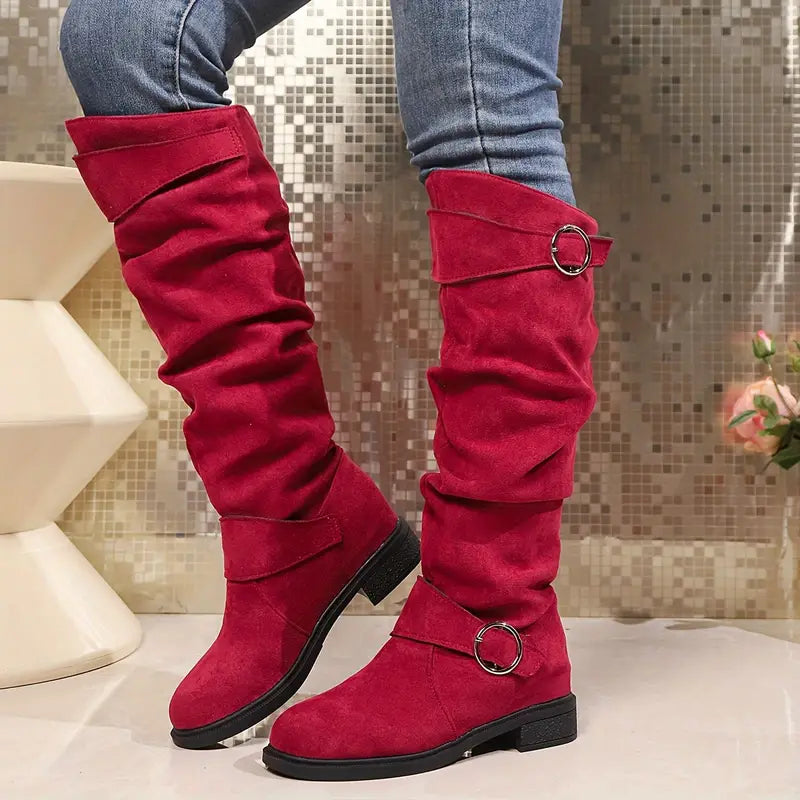 Women's Solid Color Trendy Boots, Buckle Belt Pull On Chunky Heel High Knee Boots
