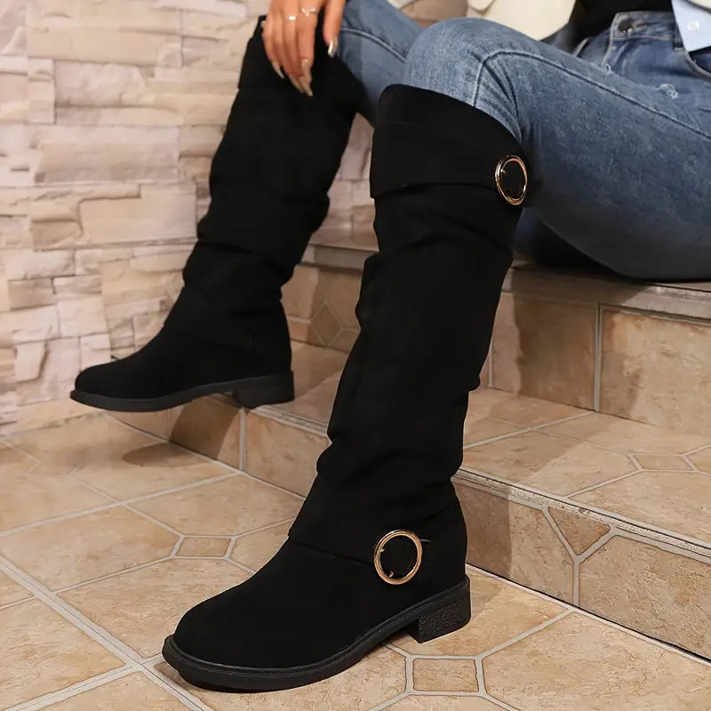 Women's Solid Color Trendy Boots, Buckle Belt Pull On Chunky Heel High Knee Boots