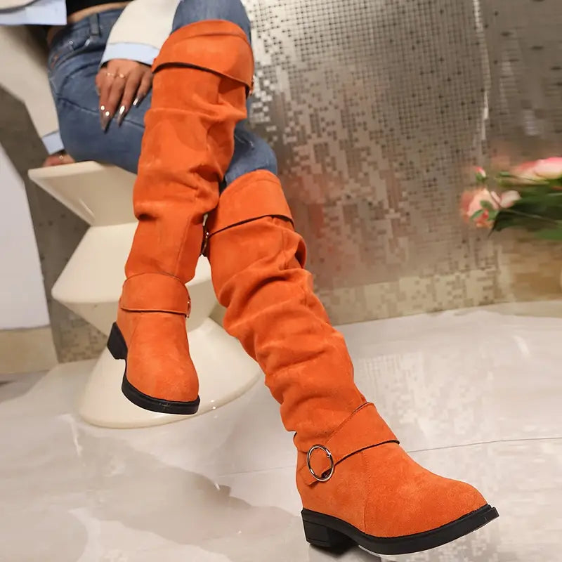 Women's Solid Color Trendy Boots, Buckle Belt Pull On Chunky Heel High Knee Boots
