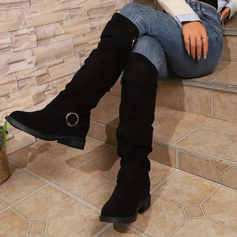 Women's Solid Color Trendy Boots, Buckle Belt Pull On Chunky Heel High Knee Boots