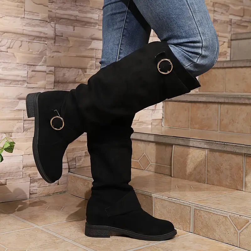Women's Solid Color Trendy Boots, Buckle Belt Pull On Chunky Heel High Knee Boots